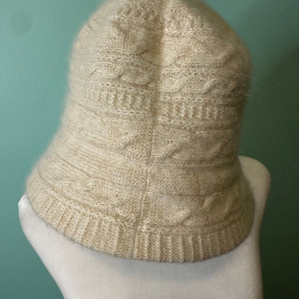 Nine West Rabbit Wool Blend Braided Knit Hat White Cream Gold Accents Winter - Picture 2 of 7